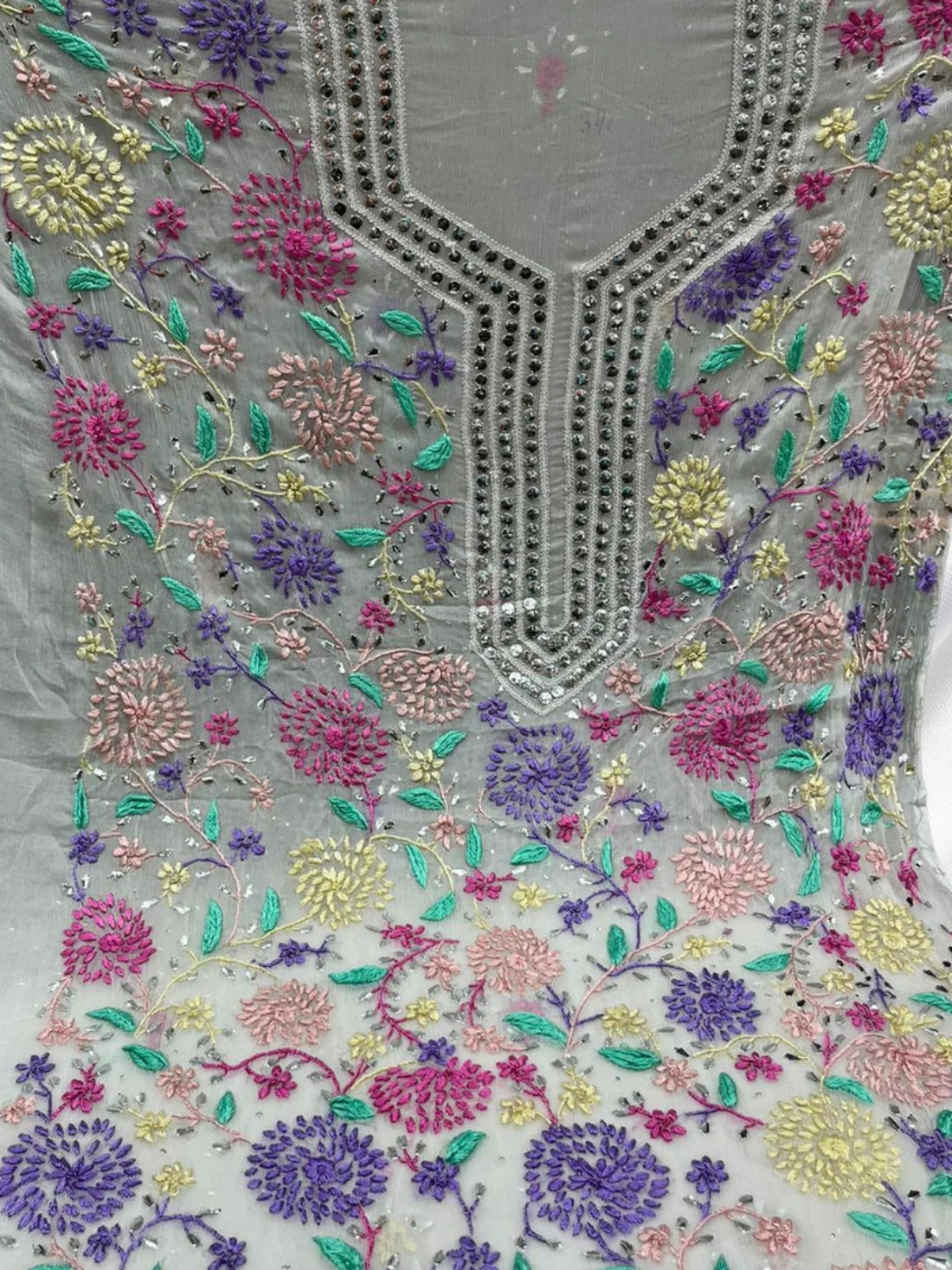 2-Piece Pure Chiffon Hand made Parsi gara and Mukesh work with Resham thread embroidery