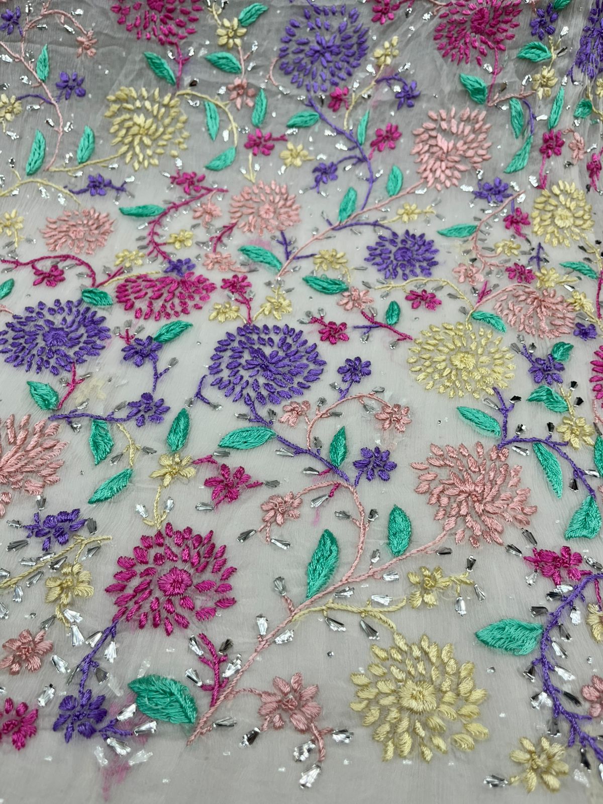 2-Piece Pure Chiffon Hand made Parsi gara and Mukesh work with Resham thread embroidery