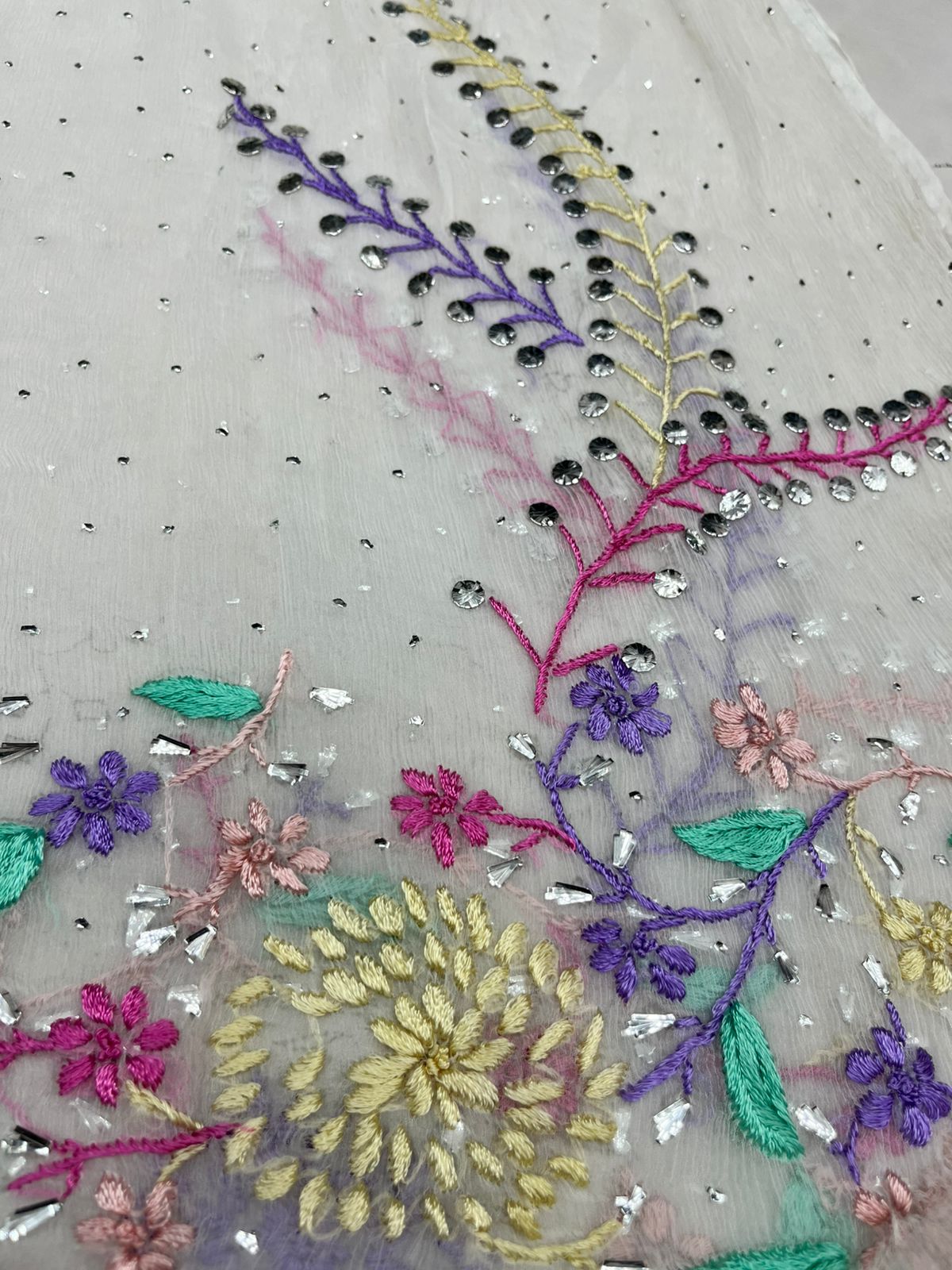 2-Piece Pure Chiffon Hand made Parsi gara and Mukesh work with Resham thread embroidery