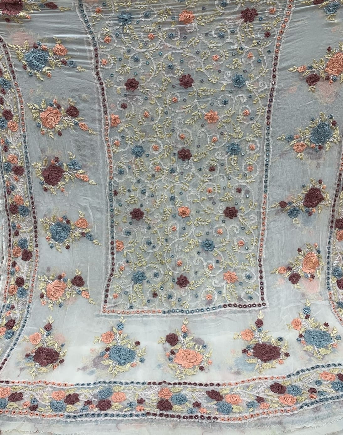 2-Piece Pure Chiffon Handmade Parsi gara with Resham thread embroidery