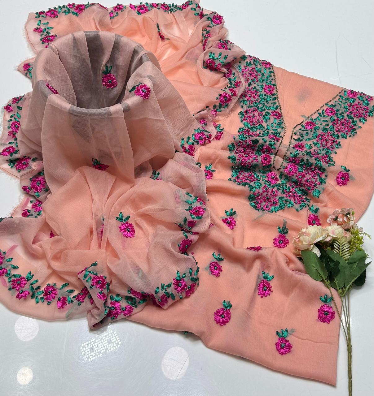 2-Piece Chiffon Handmade Ribbon Work Suit
