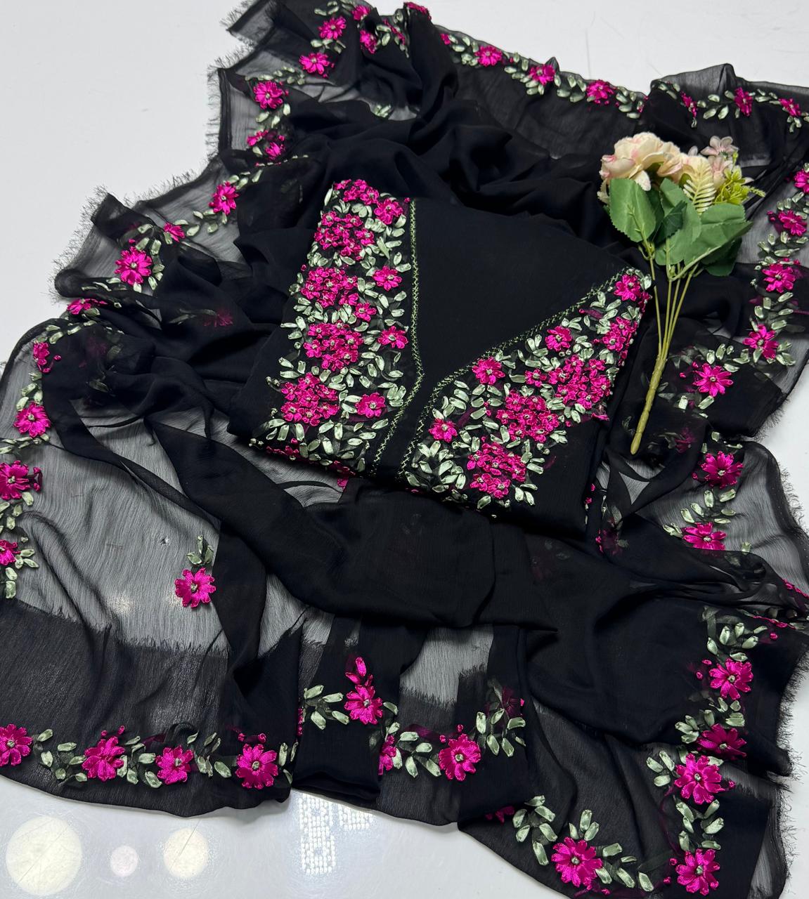 2-Piece Chiffon Handmade Ribbon Work Suit