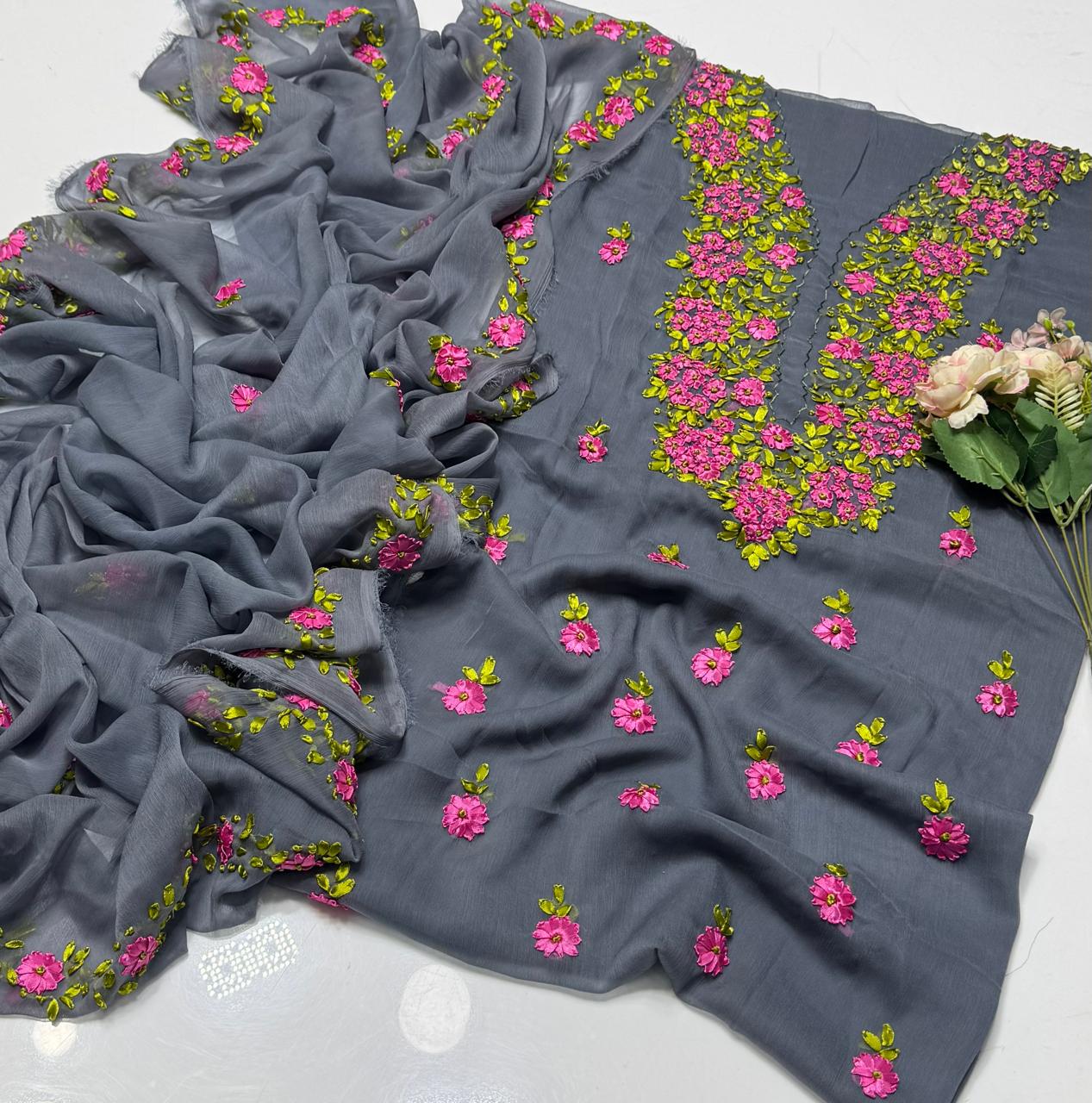 2-Piece Chiffon Handmade Ribbon Work Suit