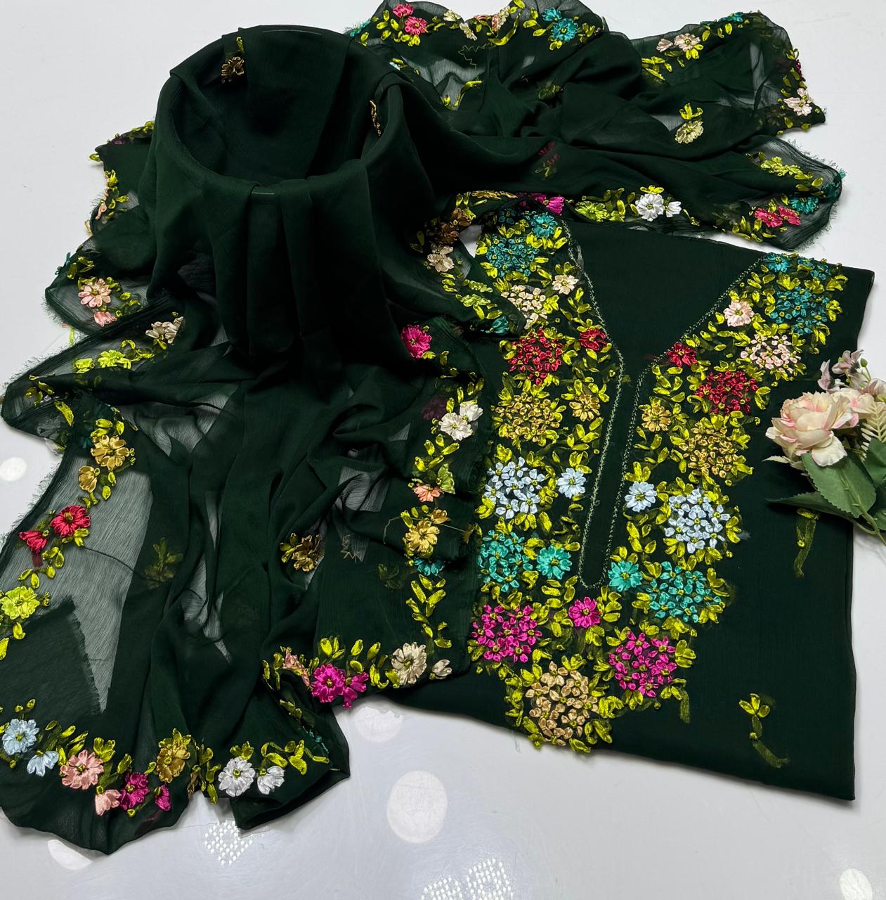 2-Piece Chiffon Handmade Ribbon Work Suit