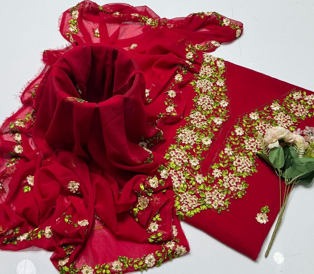 2-Piece Chiffon Handmade Ribbon Work Suit