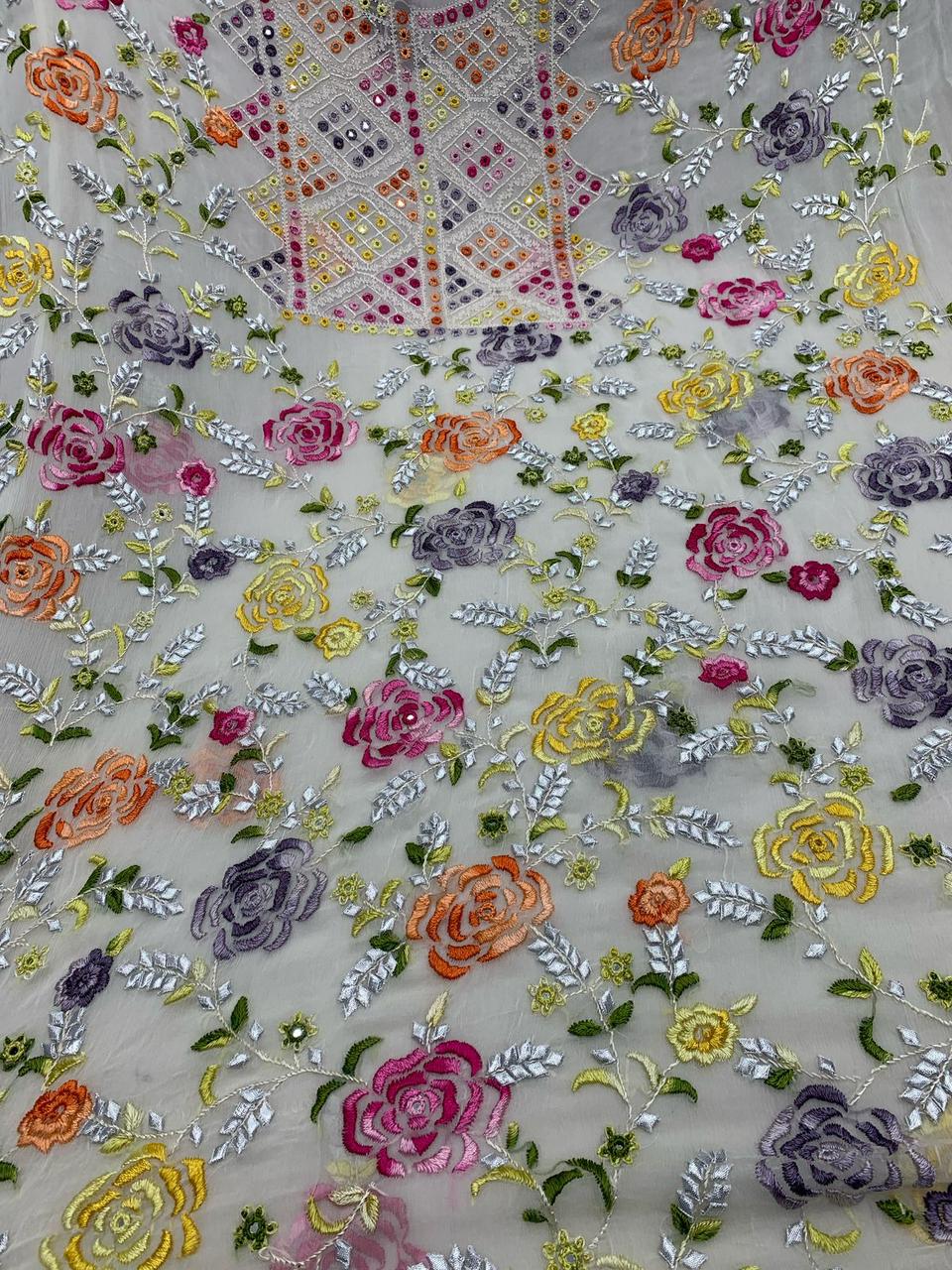 2-Piece Pure Chiffon Indian-Lucknow style hand embroidered parsi gara suit
