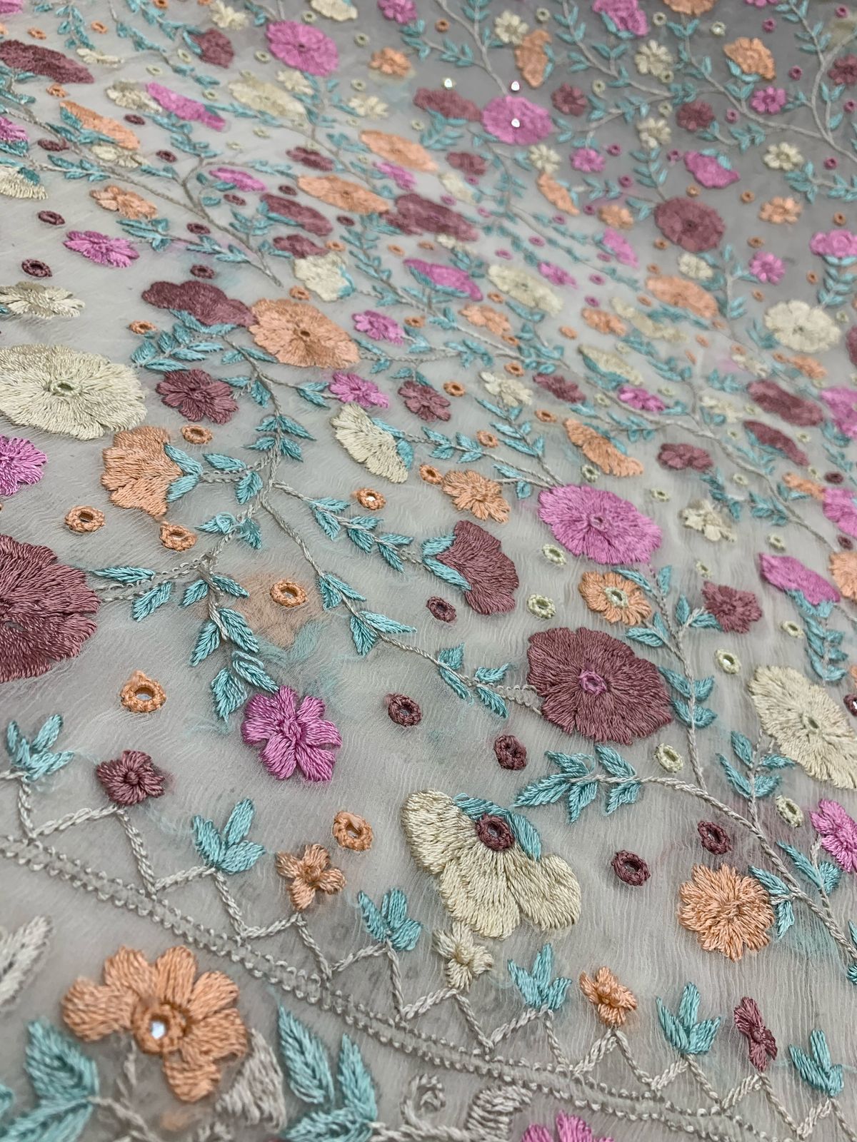 2-Piece pure chiffon handmade Parsi gara with Resham thread embroidery