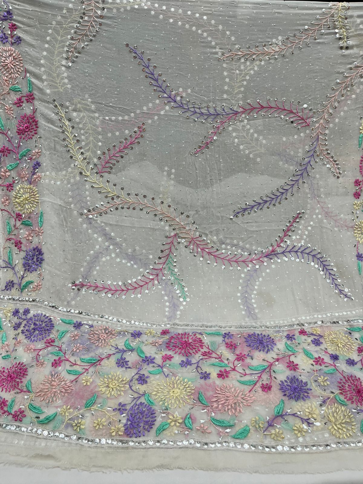 2-Piece Pure Chiffon Hand made Parsi gara and Mukesh work with Resham thread embroidery