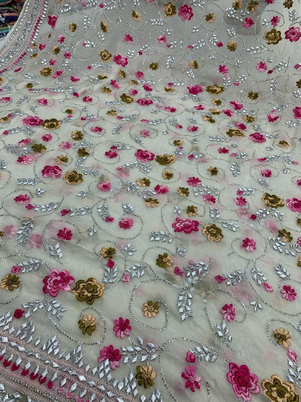 2-Piece Pure Chiffon Handmade Parsi gara/gota with Resham thread embroidery