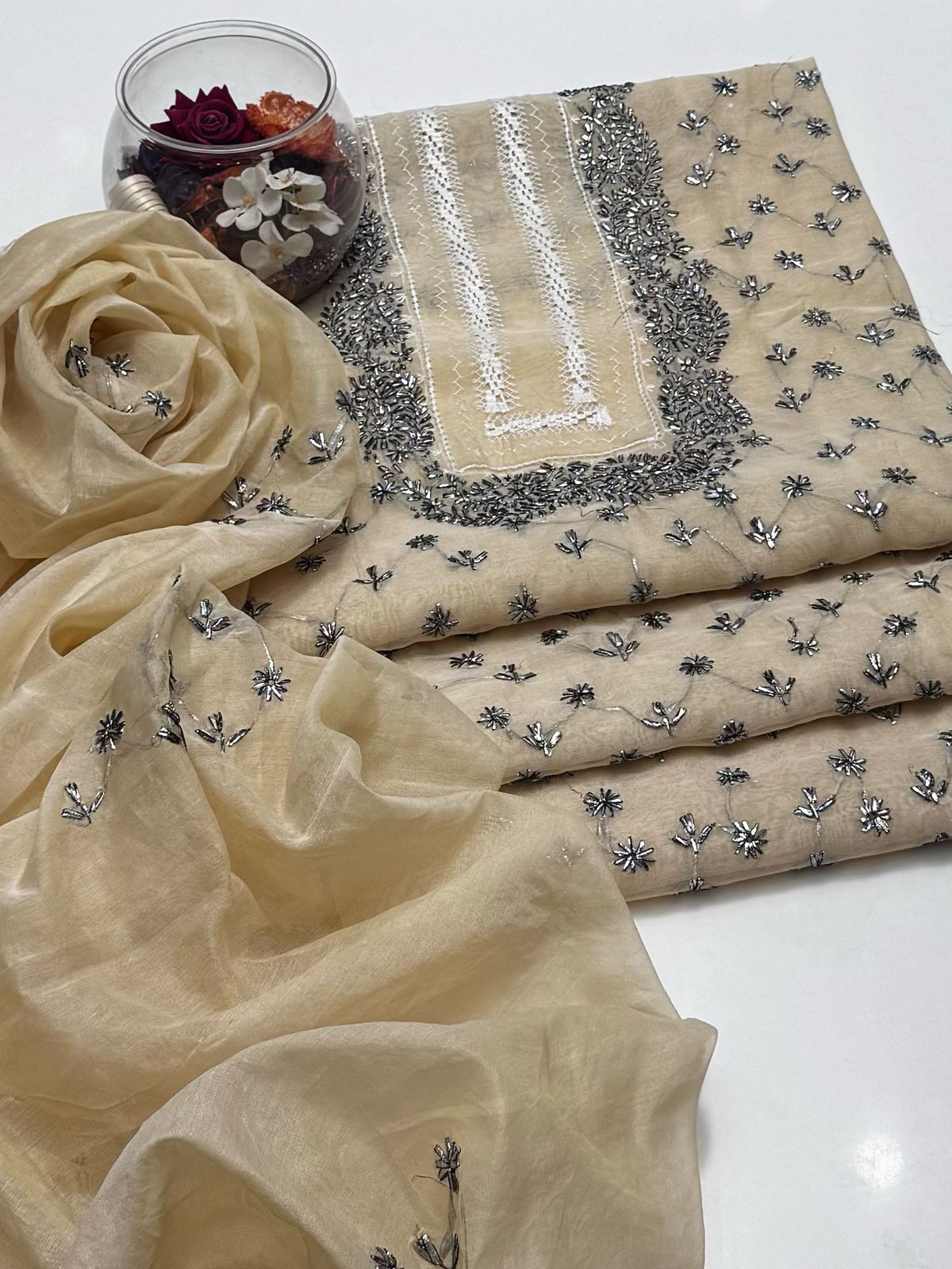 2-Piece Handmade Tarkashi with Gota Work on Paper Cotton Shirt & Dupatta