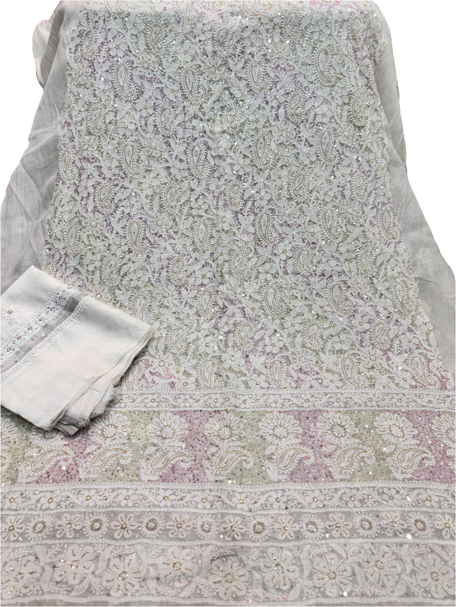 2-Piece Silk Chickenkari Handmade Sequence And Pearls Suit