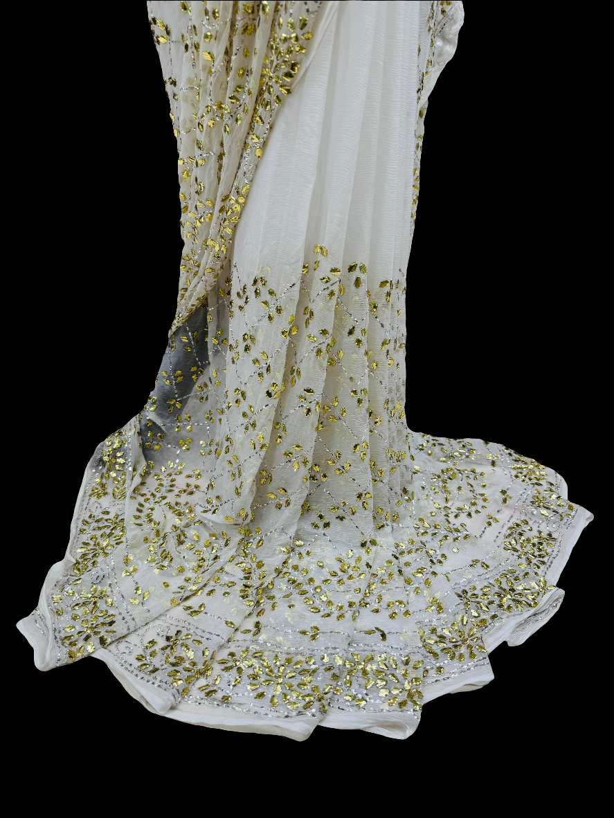 Pure china crinkle chiffon mukesh work sari.