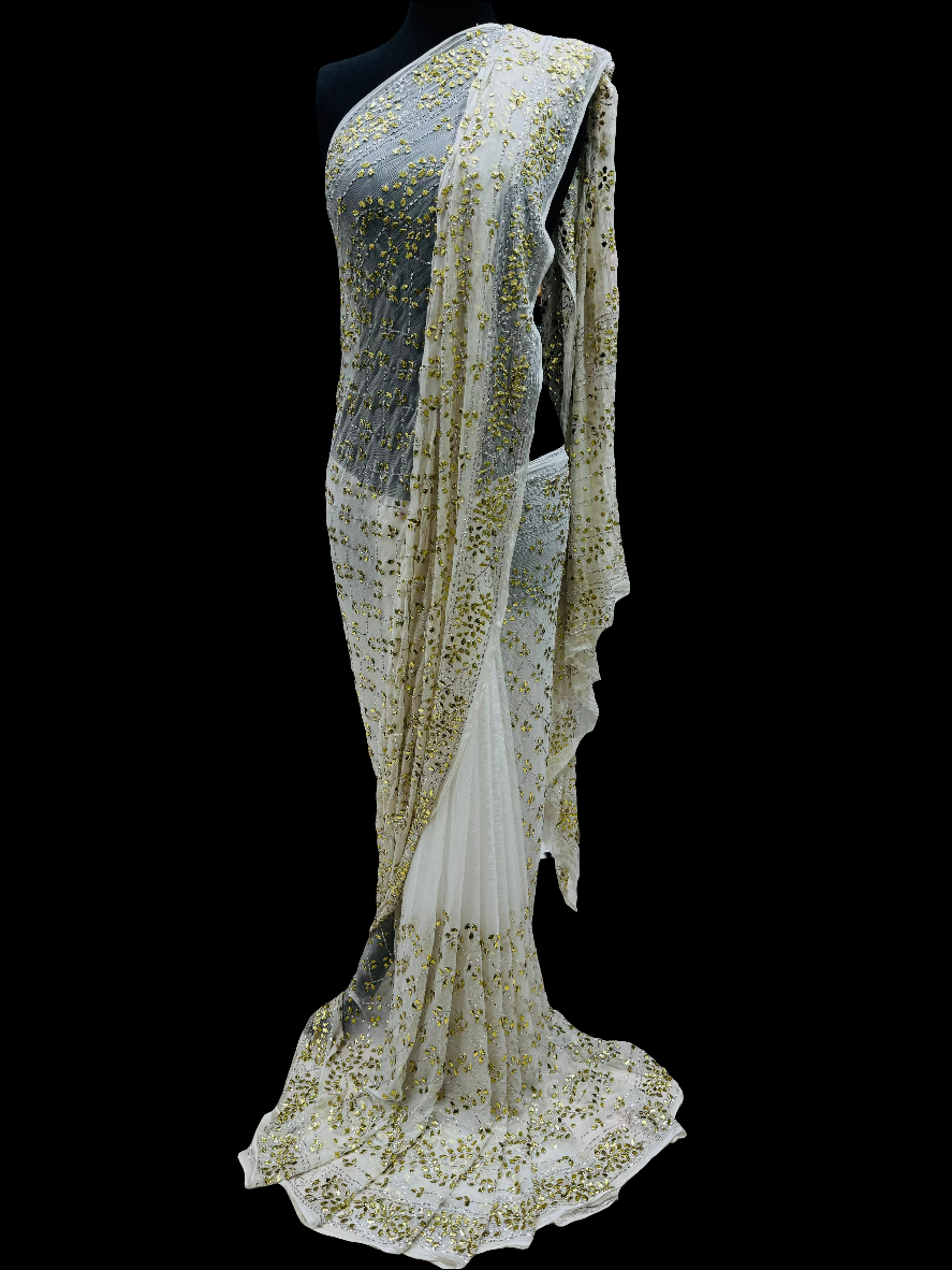 Pure china crinkle chiffon mukesh work sari.