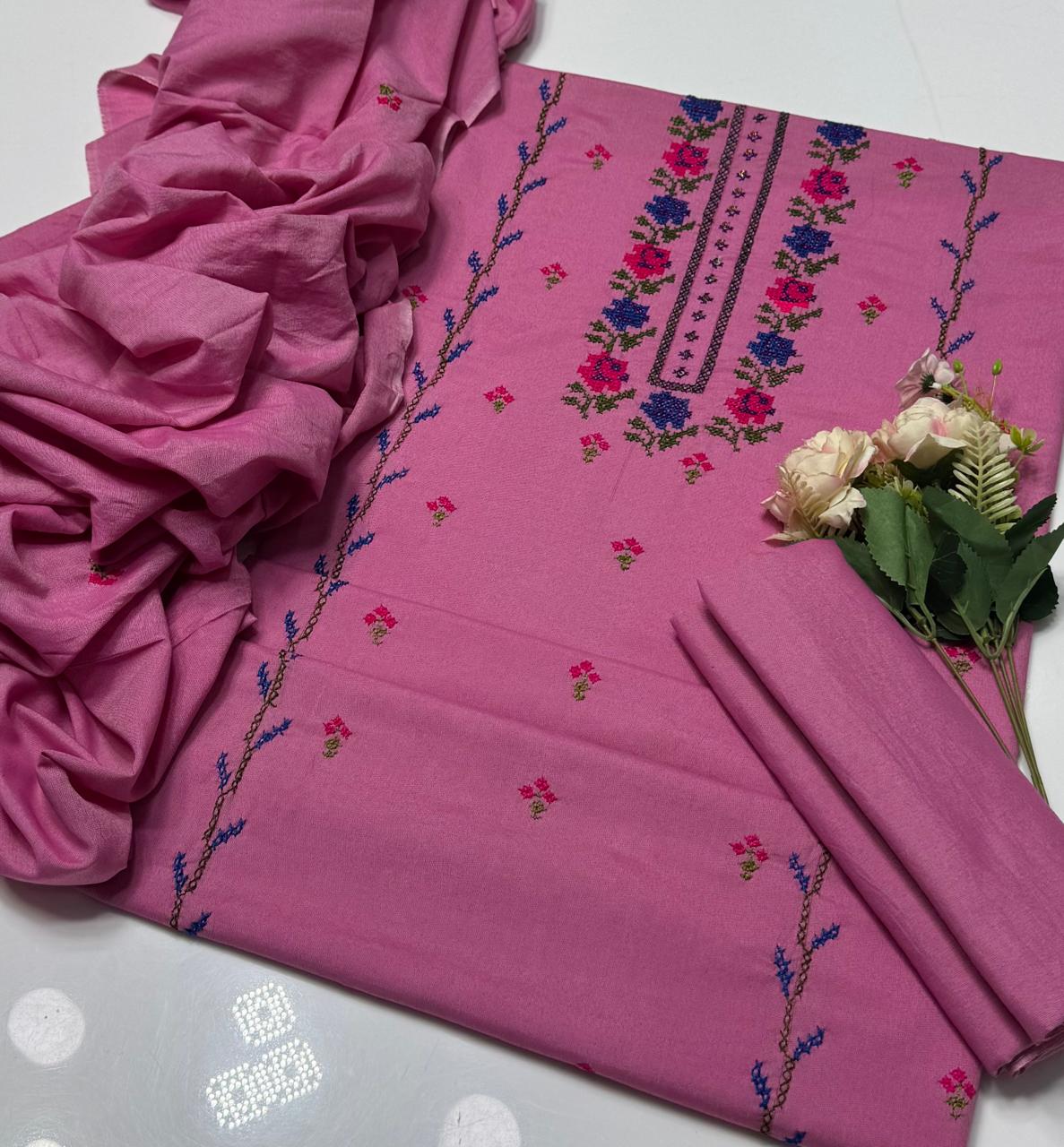 3-Piece Lawn Suit (Hand embroidered cross stitch).