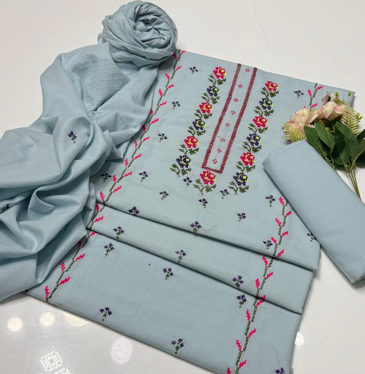 3-Piece Lawn Suit (Hand embroidered cross stitch).
