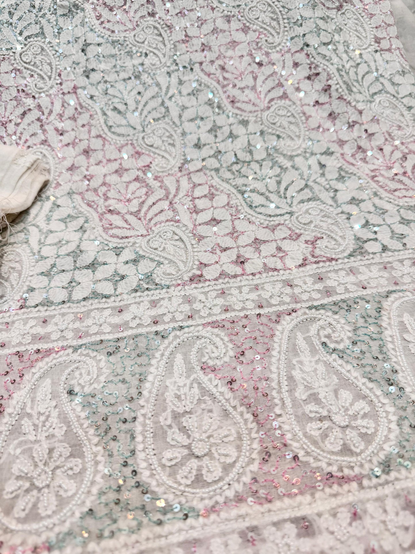 2-Piece Silk Chickenkari Handmade Sequence And Pearls Suit