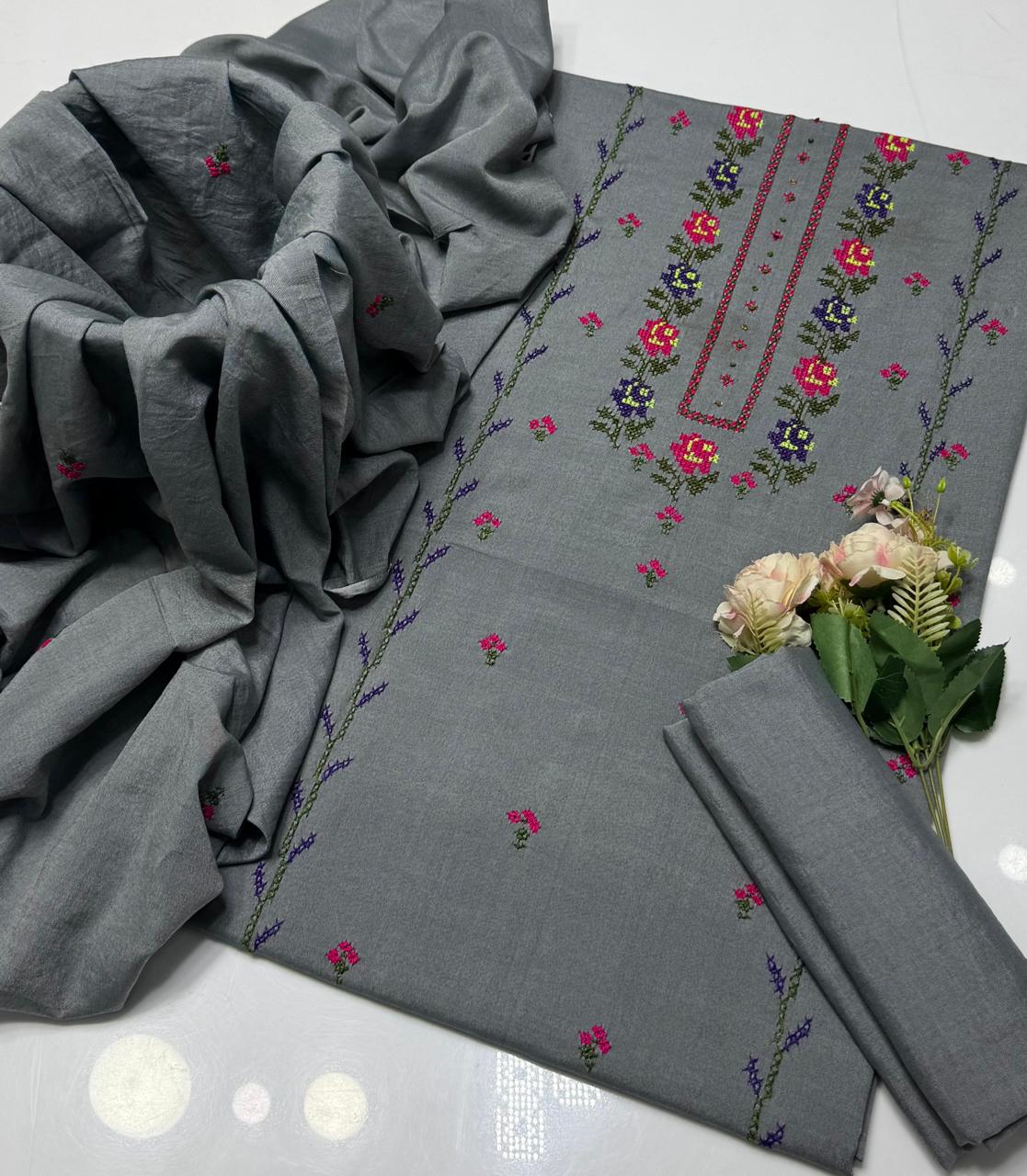 3-Piece Lawn Suit (Hand embroidered cross stitch).