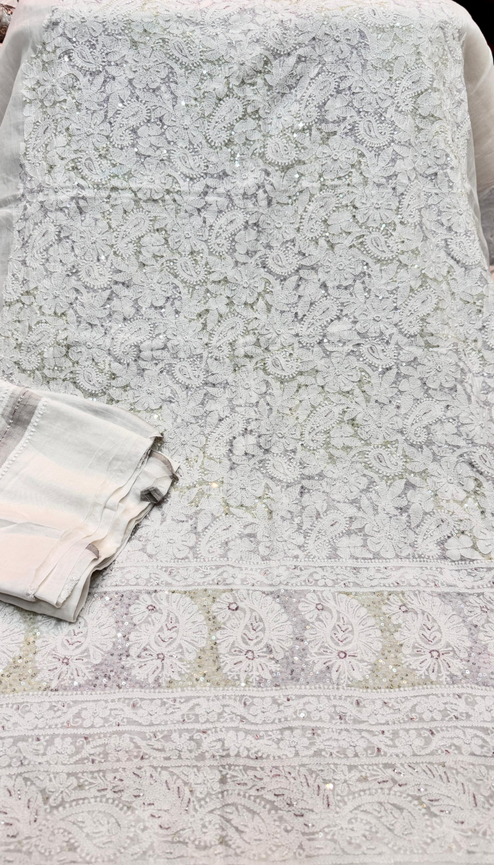 2-Piece Silk Chickenkari Handmade Sequence And Pearls Suit