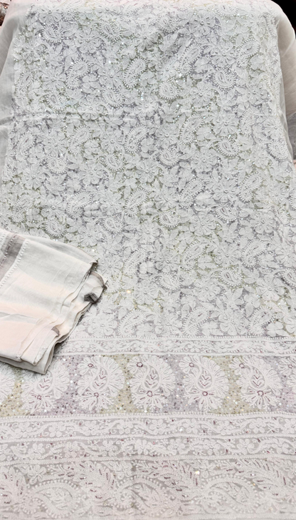 2-Piece Silk Chickenkari Handmade Sequence And Pearls Suit