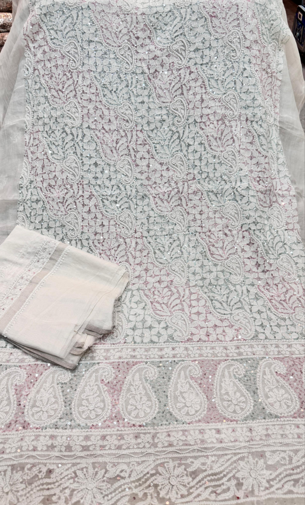 2-Piece Silk Chickenkari Handmade Sequence And Pearls Suit
