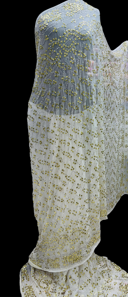 Pure china crinkle chiffon  mukesh work sari.