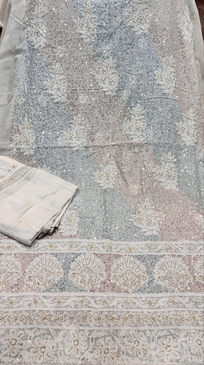 2-Piece Silk Chickenkari Handmade Sequence And Pearls Suit