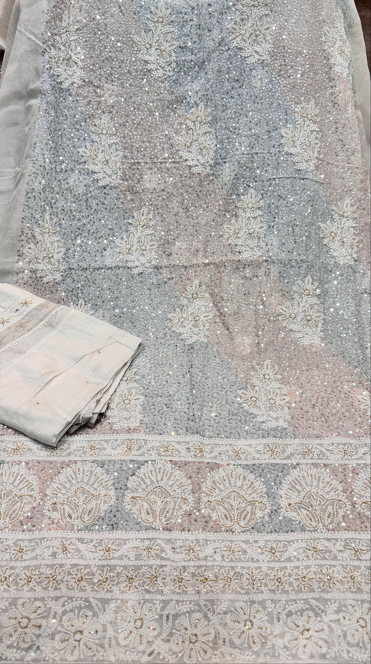2-Piece Silk Chickenkari Handmade Sequence And Pearls Suit