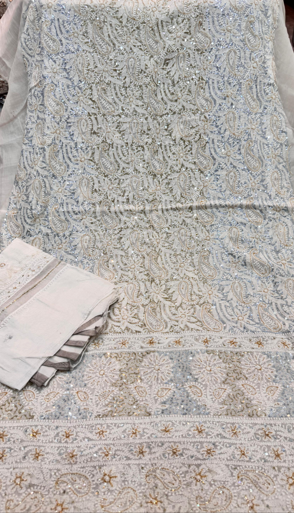 2-Piece Silk Chickenkari Handmade Sequence And Pearls Suit