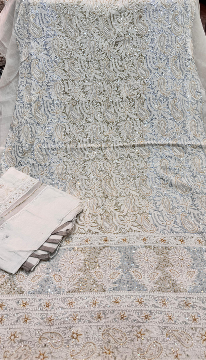 2-Piece Silk Chickenkari Handmade Sequence And Pearls Suit