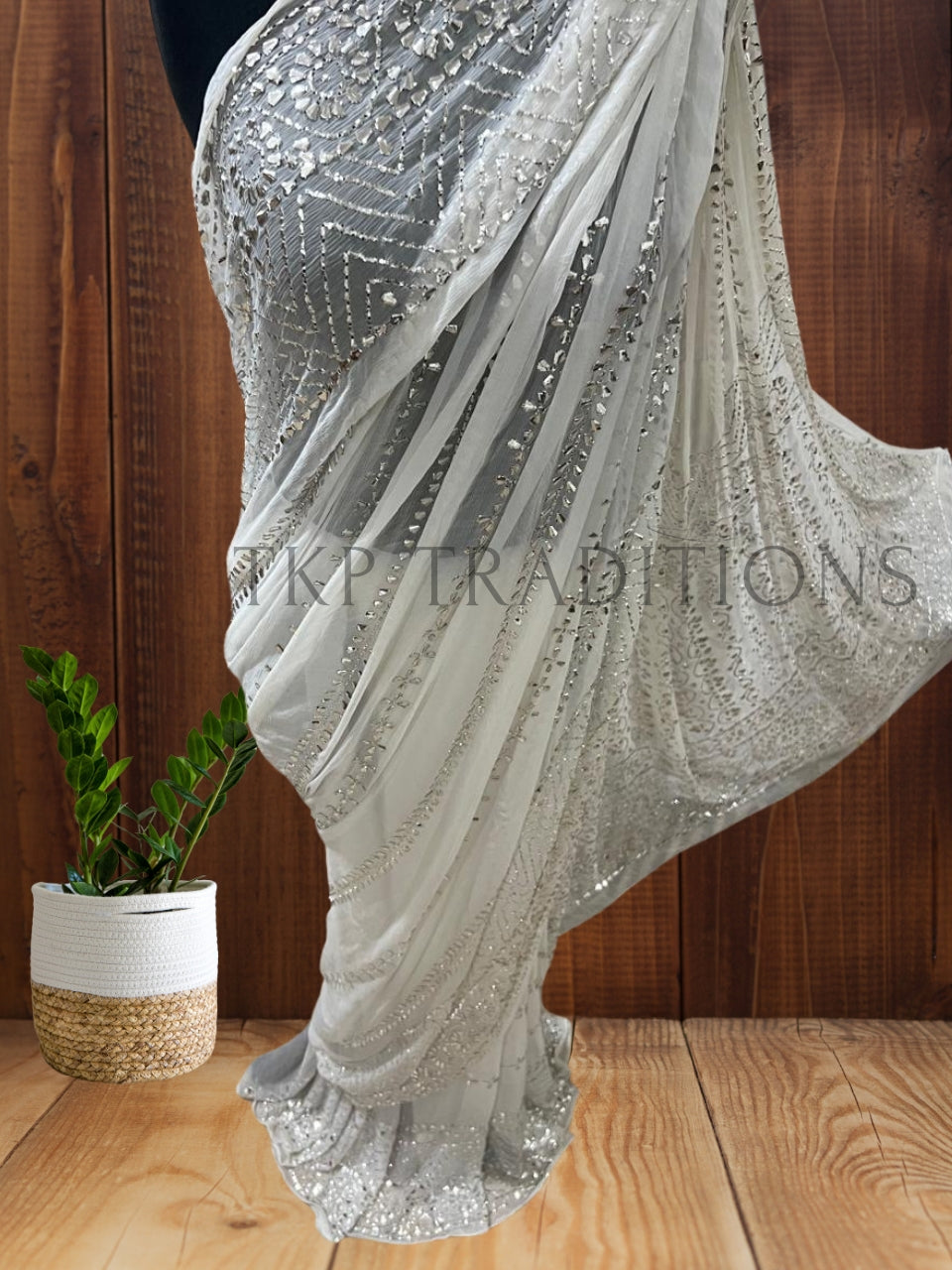 Pure China Crinkle Chiffon Dyeable Silver Mukesh Work Saree
