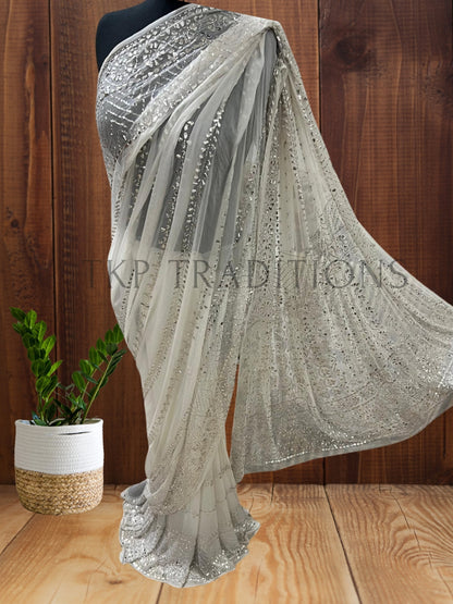 Pure China Crinkle Chiffon Dyeable Silver Mukesh Work Saree