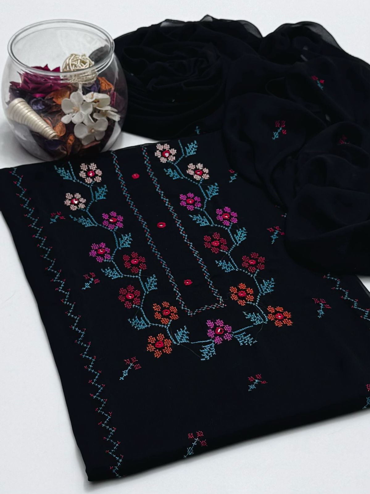 2-Piece Hand Embroidered Cross Stitch Chiffon