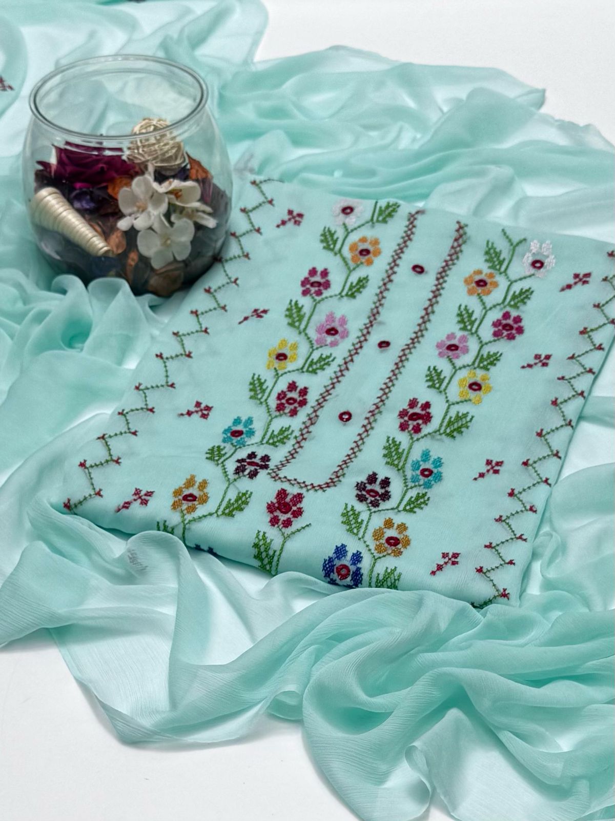 2-Piece Hand Embroidered Cross Stitch Chiffon
