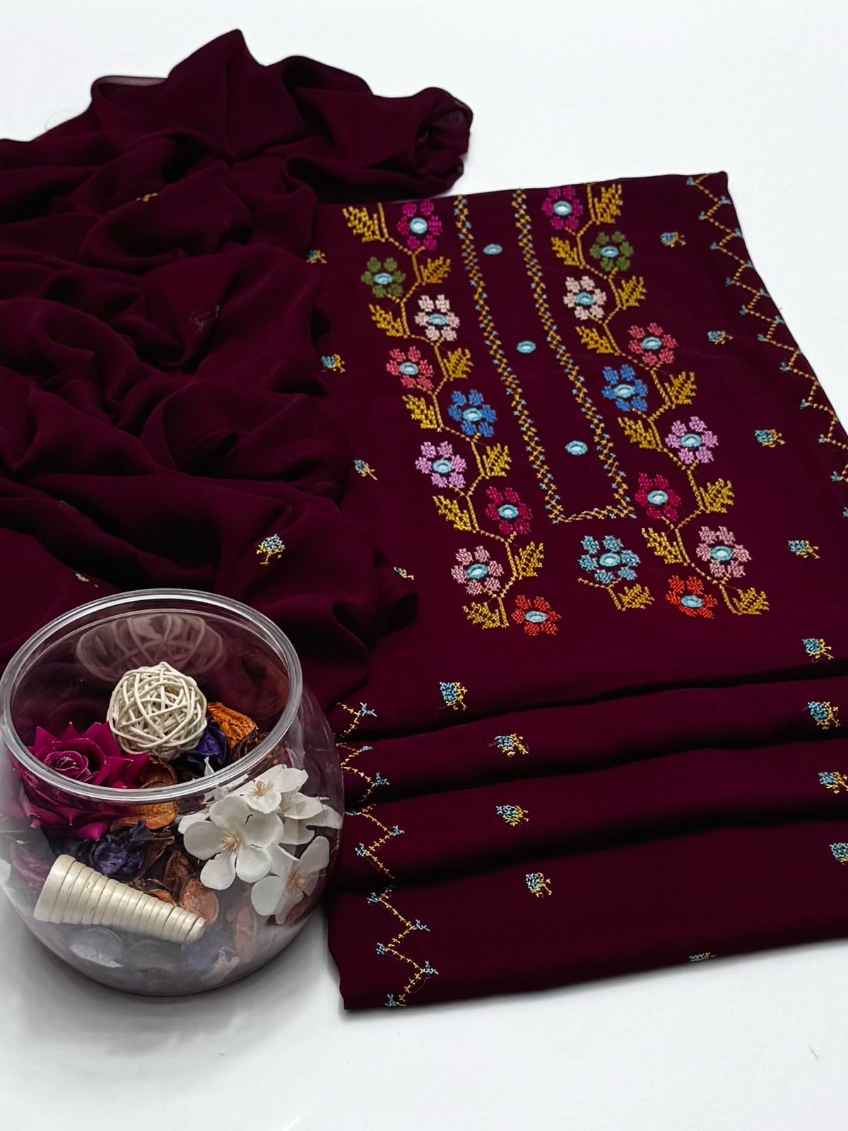 2-Piece Hand Embroidered Cross Stitch Chiffon