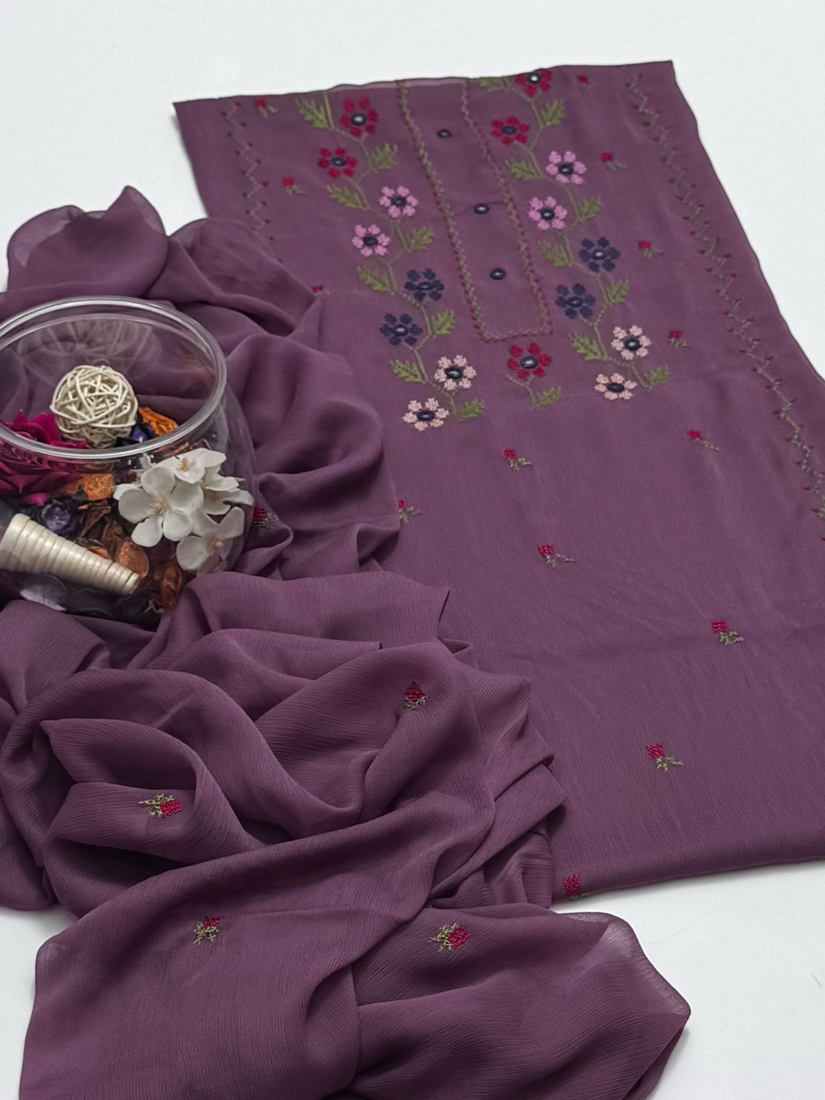 2-Piece Hand Embroidered Cross Stitch Chiffon
