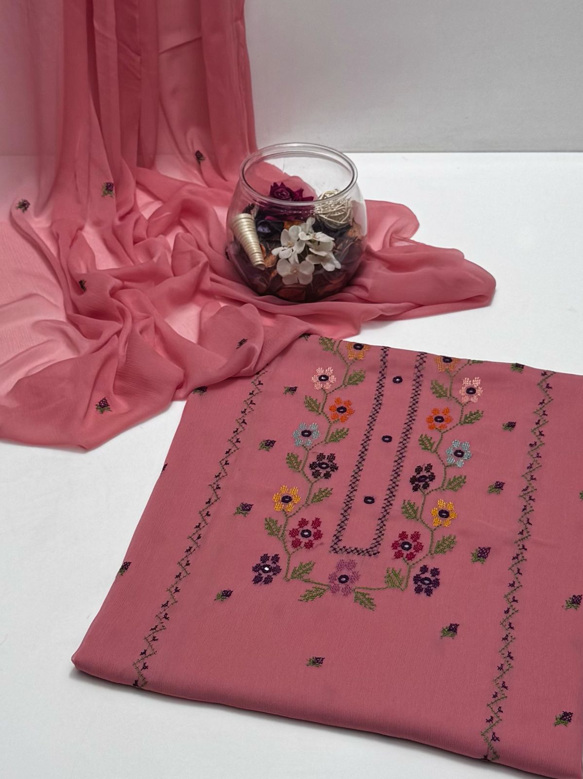 2-Piece Hand Embroidered Cross Stitch Chiffon