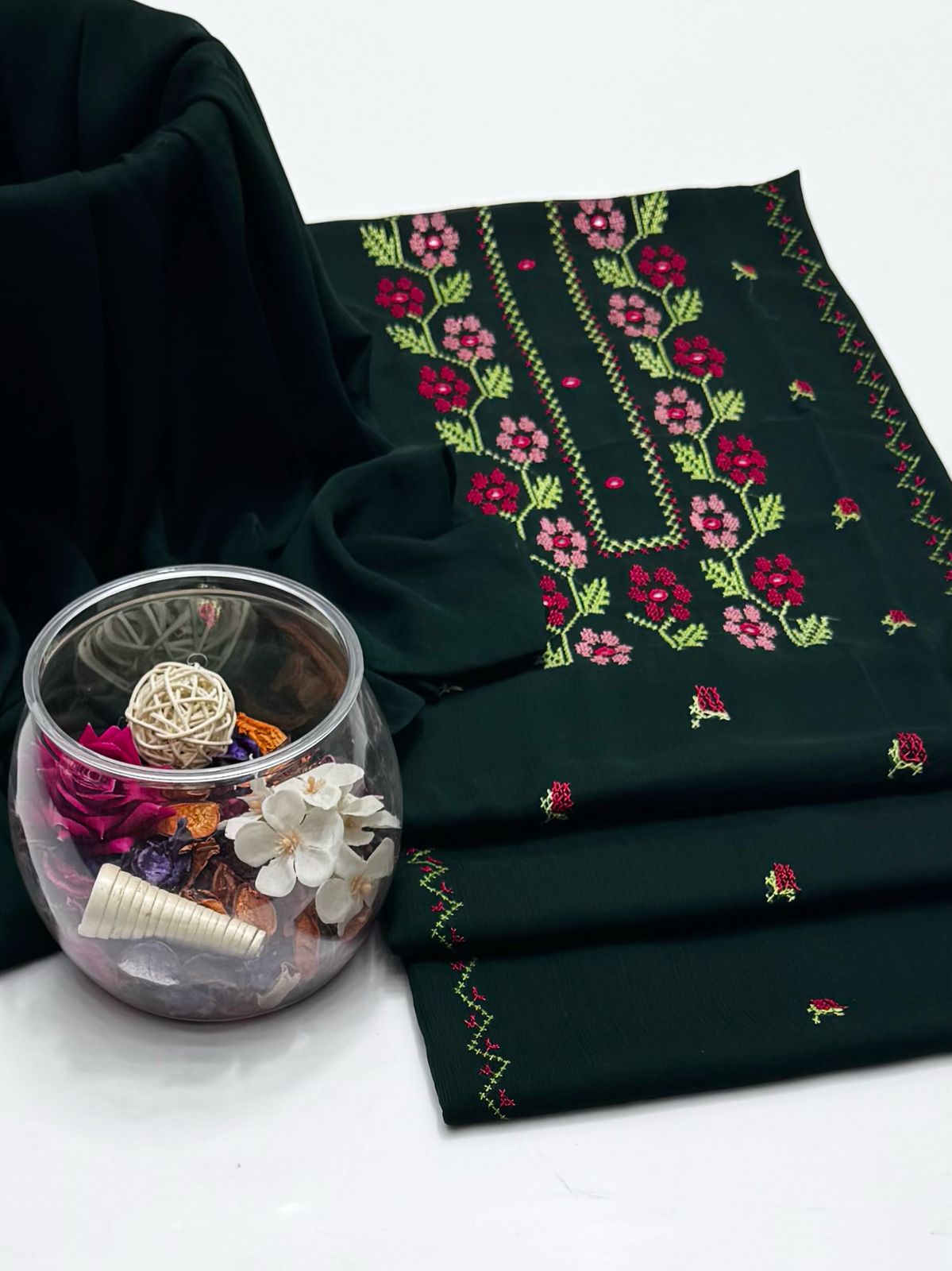 2-Piece Hand Embroidered Cross Stitch Chiffon