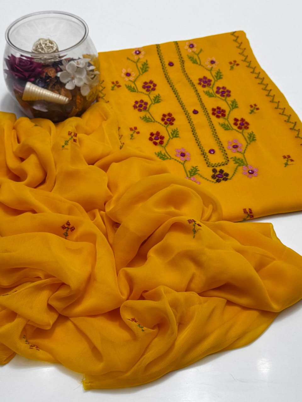 2-Piece Hand Embroidered Cross Stitch Chiffon