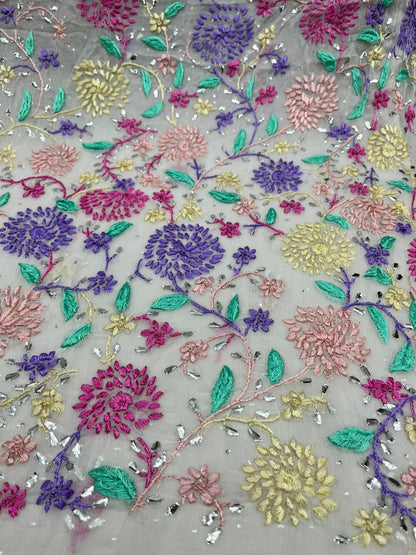 2-Piece Pure Chiffon Hand made Parsi gara and Mukesh work with Resham thread embroidery