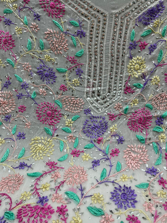 2-Piece Pure Chiffon Hand made Parsi gara and Mukesh work with Resham thread embroidery