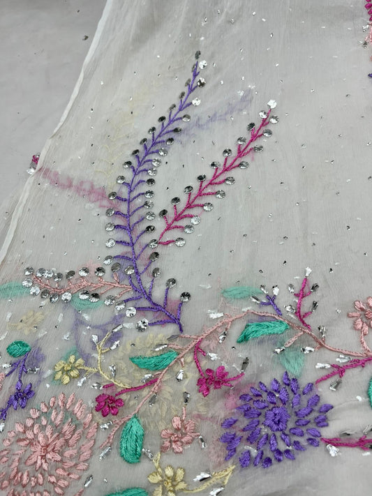 2-Piece Pure Chiffon Hand made Parsi gara and Mukesh work with Resham thread embroidery