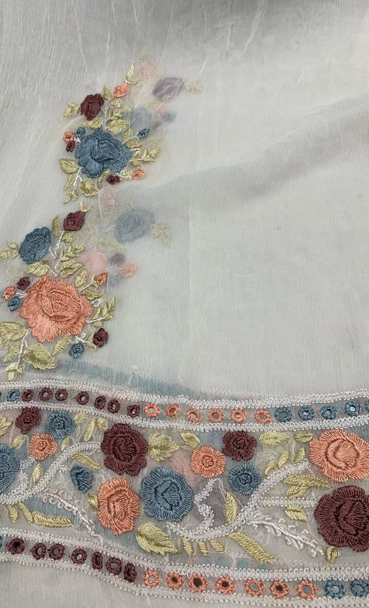 2-Piece Pure Chiffon Handmade Parsi gara with Resham thread embroidery