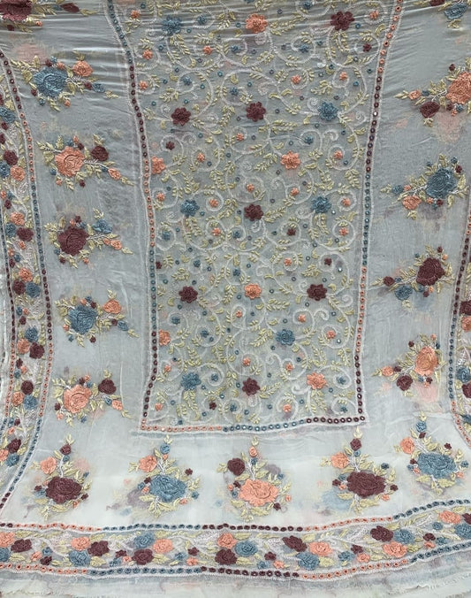 2-Piece Pure Chiffon Handmade Parsi gara with Resham thread embroidery