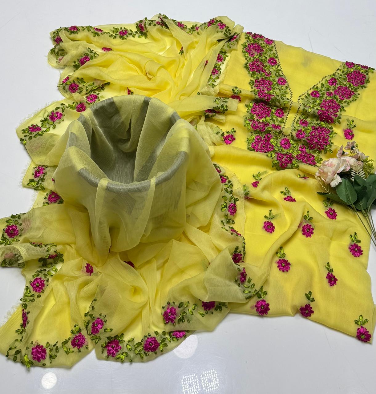 2-Piece Chiffon Handmade Ribbon Work Suit