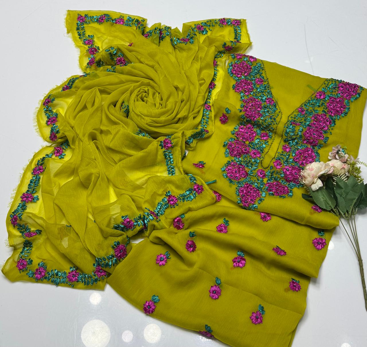2-Piece Chiffon Handmade Ribbon Work Suit