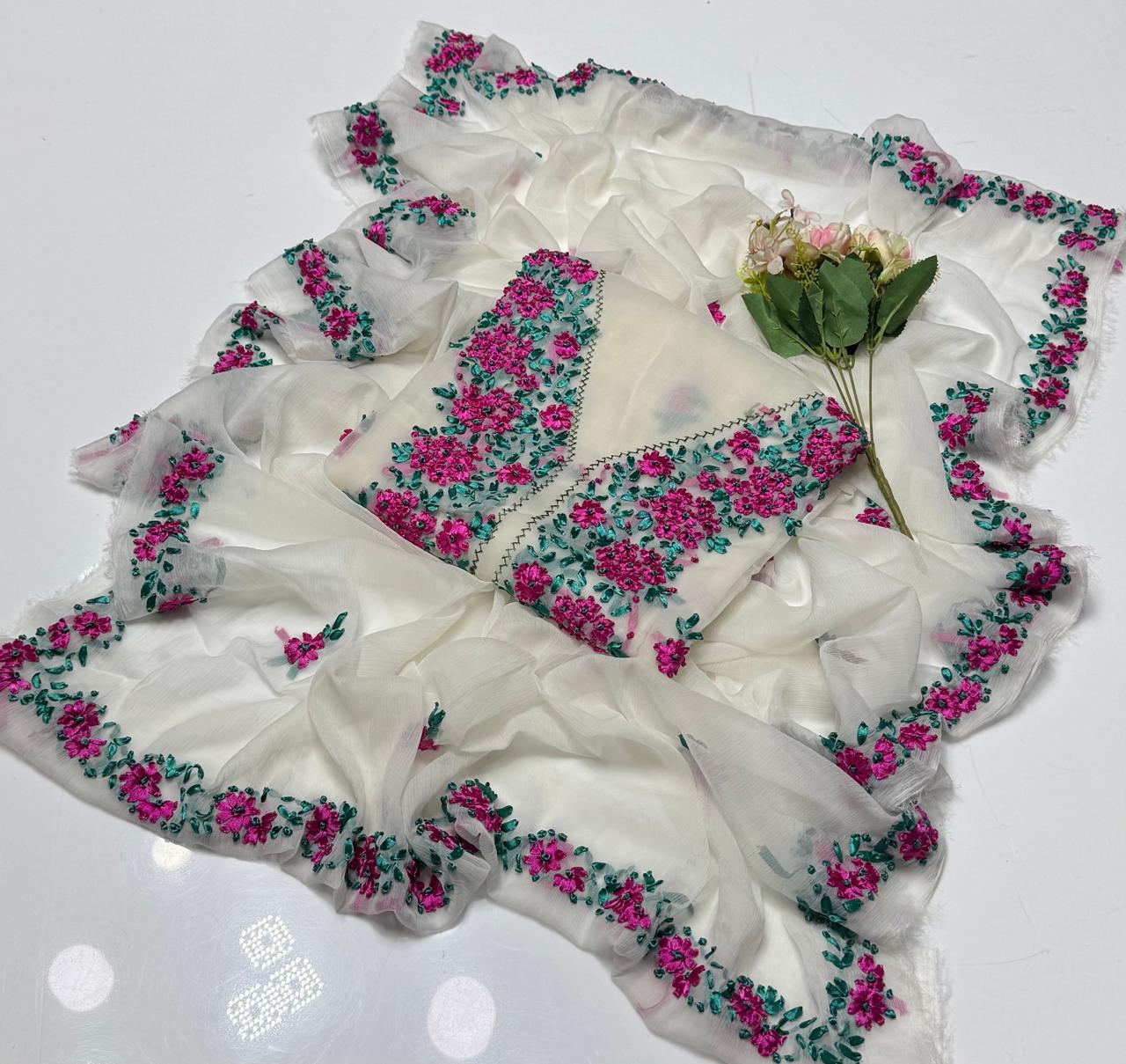 2-Piece Chiffon Handmade Ribbon Work Suit