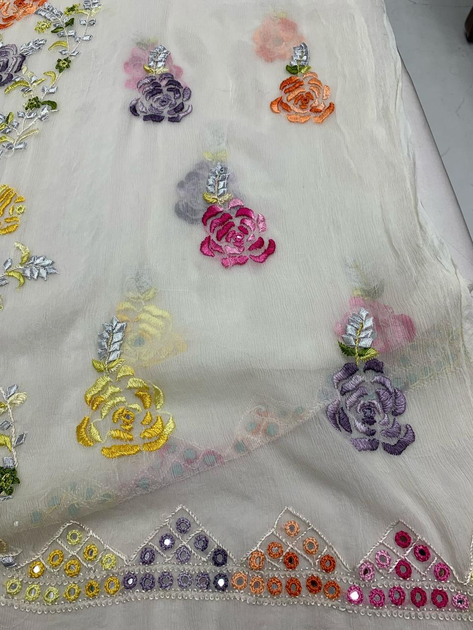 2-Piece Pure Chiffon Indian-Lucknow style hand embroidered parsi gara suit