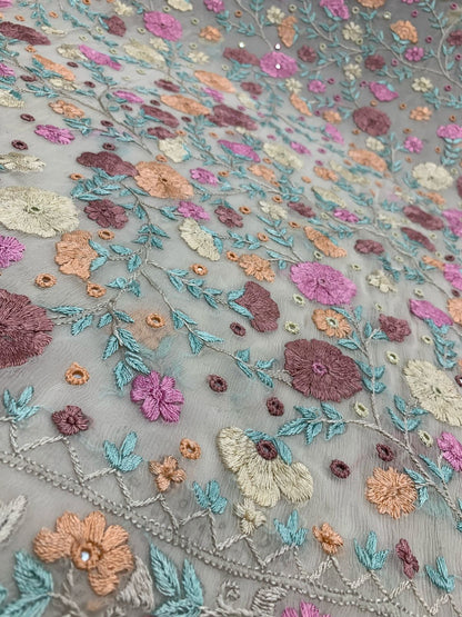 2-Piece pure chiffon handmade Parsi gara with Resham thread embroidery