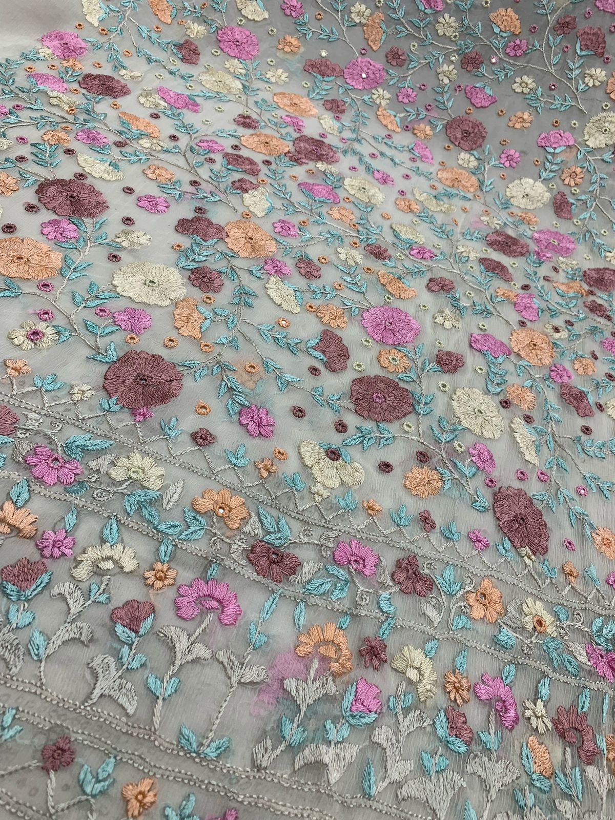 2-Piece pure chiffon handmade Parsi gara with Resham thread embroidery