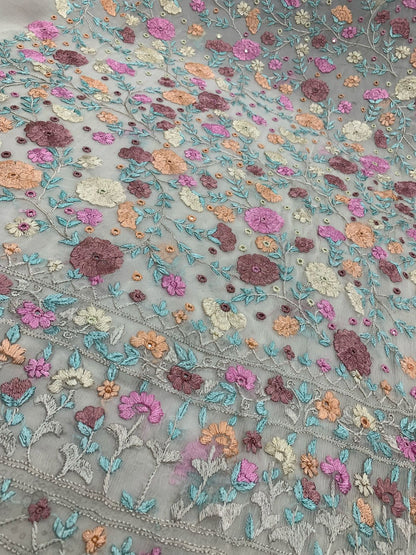 2-Piece pure chiffon handmade Parsi gara with Resham thread embroidery